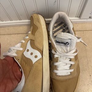 Saucony Beige and White Retro Runner Sneakers